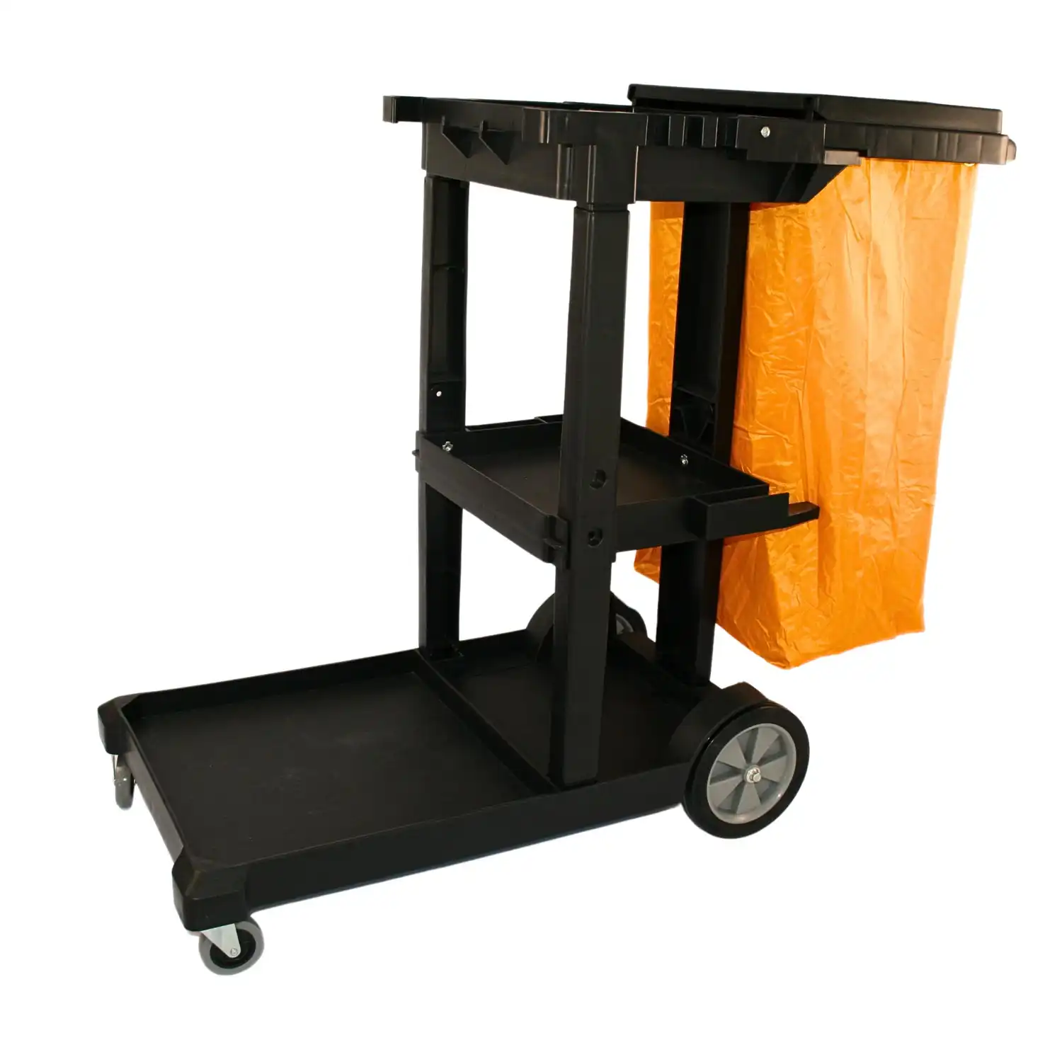 black janitorial cart with lid and yellow heavy duty bag